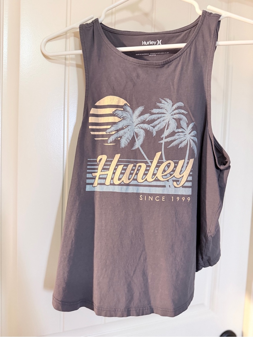 Hurley Gray Tank Top with Pastel Palm Sunset Graphic